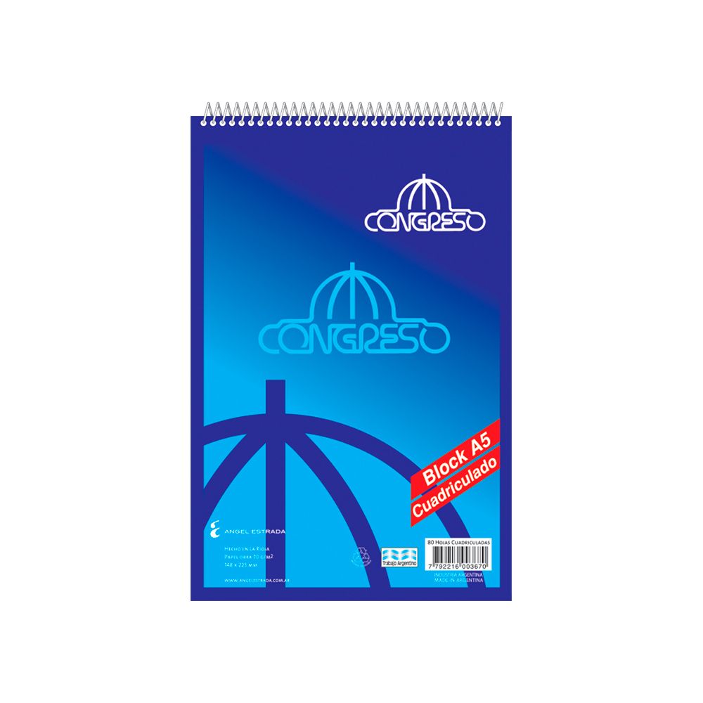 Block A5 espiralado Congreso, 80 hojas cuadriculadas