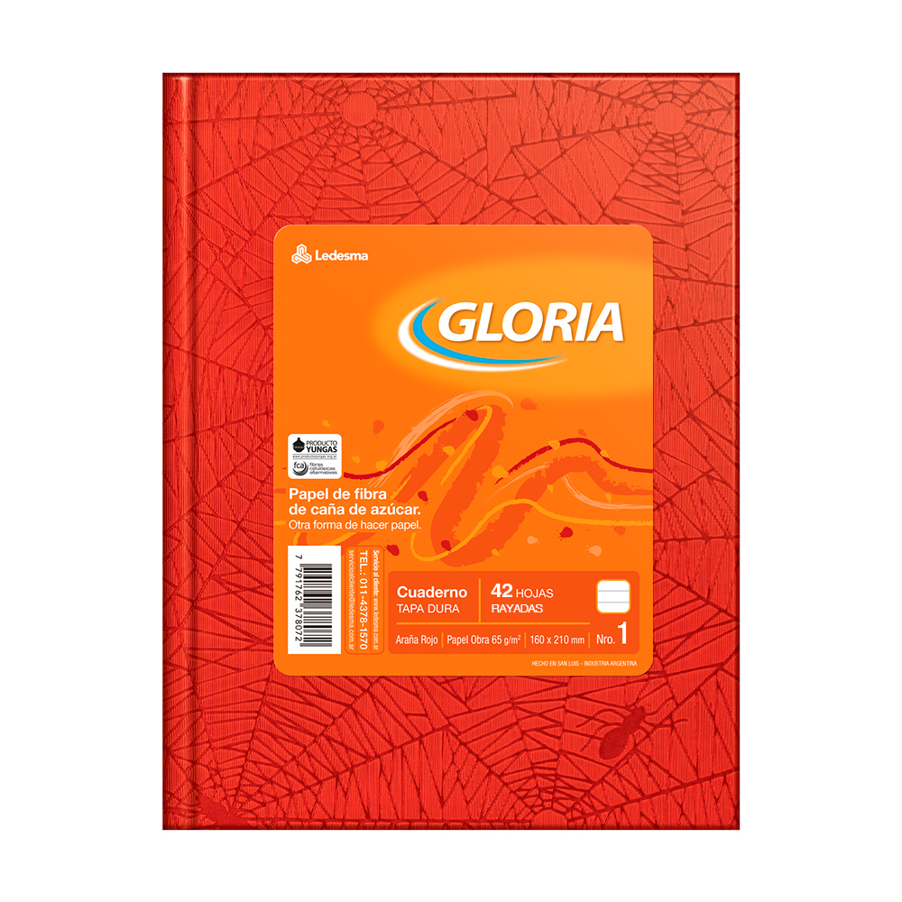 Cuaderno Gloria Araña rojo, 16x21cm. 42 hojas rayadas
