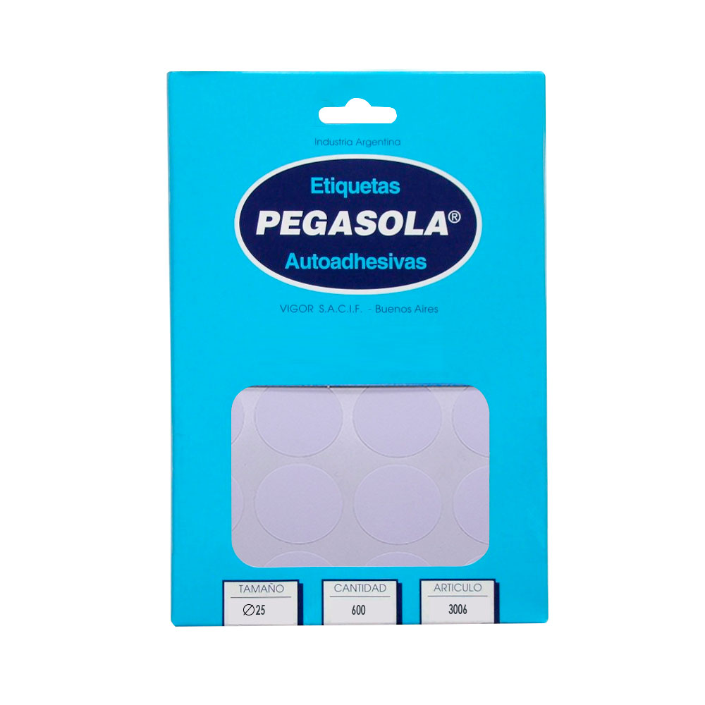 Etiqueta circular Pegasola 2.5cm. caja de 30 planchas de 600 etiquetas(D)