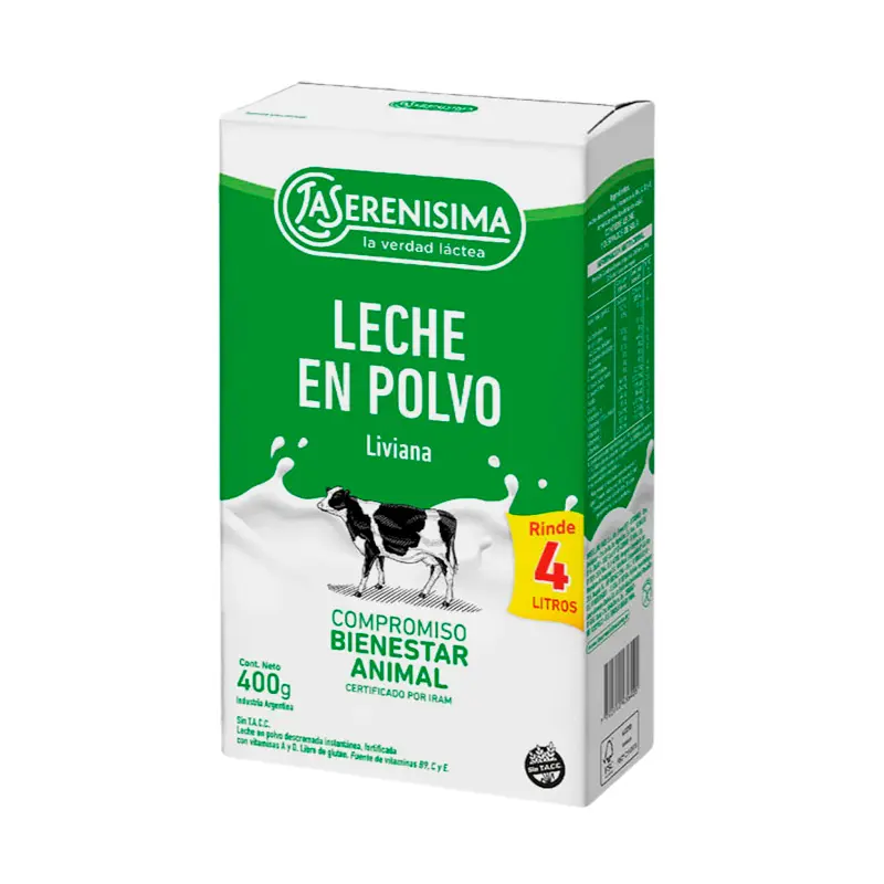Leche en polvo descremada La Serenísima, 400g.(D)