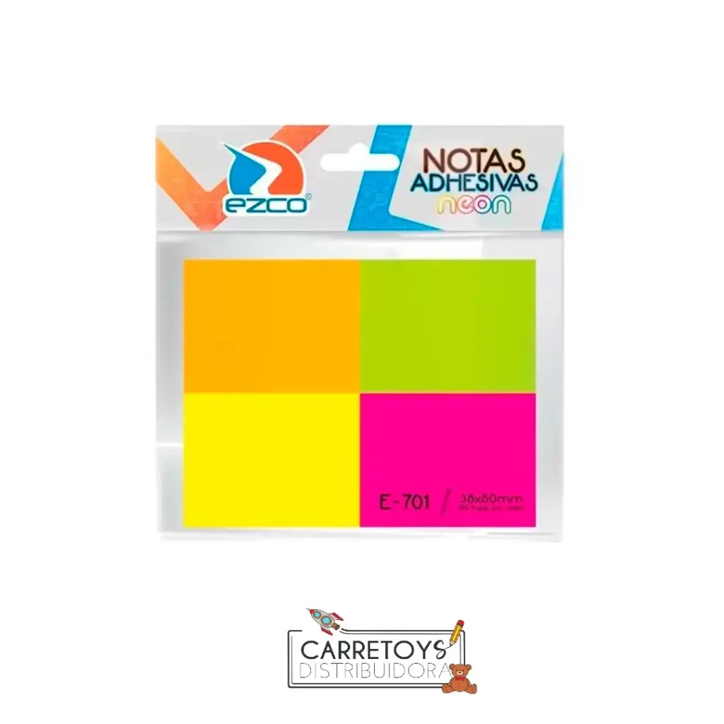 Notas Autoadhesivas Ezco E-701N x 4 colores fluo, 38 x 50mm. block 50 hojas
