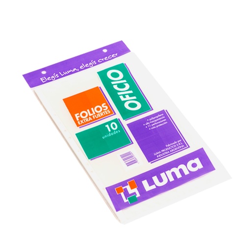 [LUMAEXFOFX10] Folios Oficio PPP Luma Extra Fuerte 70 micrones pack x 10 ( D )