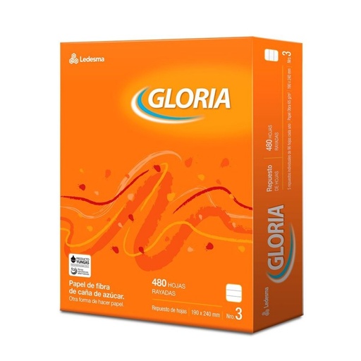 [GLORIARE480R] Repuesto Gloria, 480 hojas rayadas