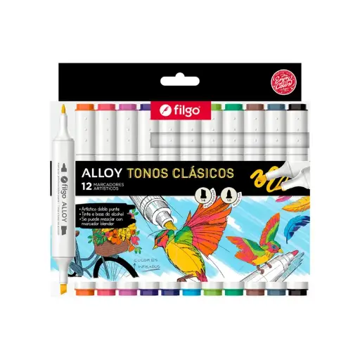 [FILGOMARDOBLPTA] Marcador Doble Punta Filgo Alloy Colores Clásicos, 12 colores 